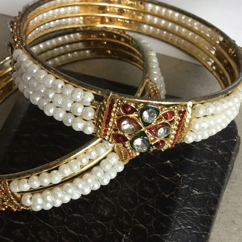Gold Pearl and Crystal Women's Bangle Set